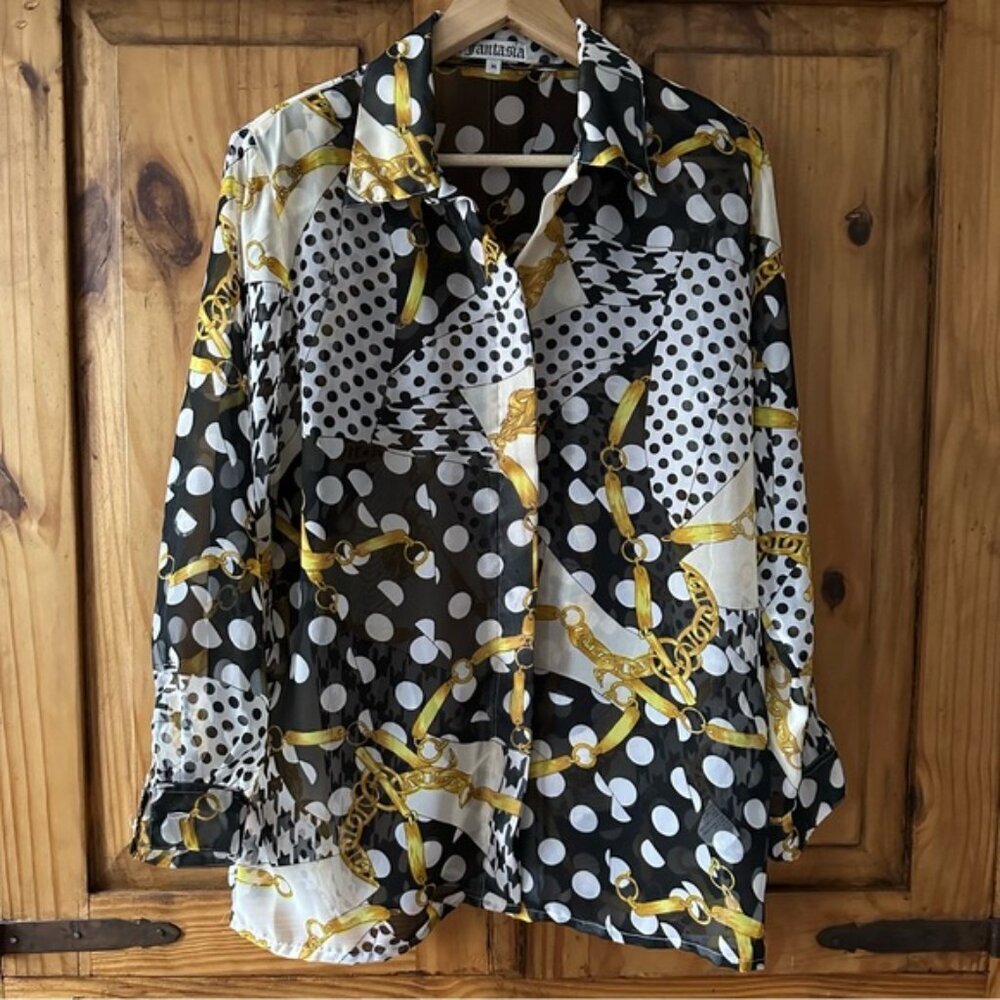 Vintage 90’s Button Up Shirt Polka Dots Gold Chains Black Yellow White - M - Picture 3 of 16